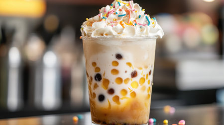 A vibrant dessert beverage topped with whipped cream and colorful sprinkles. Perfect for celebrations or a refreshing summer treat.の素材