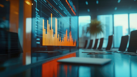 A sleek office setting featuring a large display screen showcasing vibrant data visualizations, perfect for business meetings and analytics discussions.の素材
