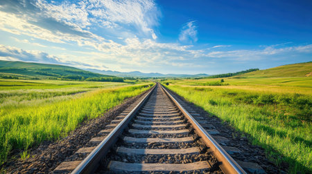 A serene view of railway tracks stretching into a vibrant green landscape under a bright blue sky, inviting exploration and adventure.の素材