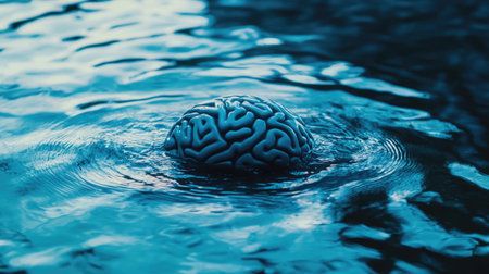 A surreal image of a brain floating in tranquil blue water, creating ripples. This concept symbolizes creativity and deep thought, prompting reflection and inspiration.の素材