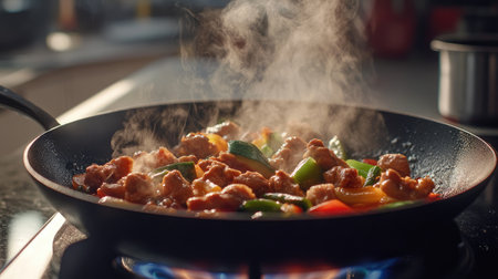 A vivid image of a sizzling chicken stir-fry with vibrant vegetables steaming in a hot pan, capturing the essence of home cooking and fresh ingredients.の素材