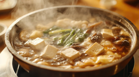 A steaming hot pot filled with delicious ingredients, including tofu and fresh vegetables. Perfect for showcasing Asian culinary traditions and comfort food.の素材