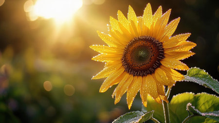A stunning close-up of a sunflower covered in dew drops, bathed in soft morning light. Perfect for nature lovers, this image captures beauty and freshness.の素材
