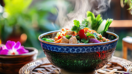 A steaming bowl of freshly cooked Asian cuisine, garnished with vibrant herbs and colorful vegetables. Perfect for food photography and culinary inspiration.の素材
