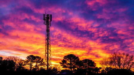 A stunning sunset over a silhouette of a cell tower creates a dramatic scene. Vibrant colors in the sky enhance the tranquil evening atmosphere and landscape.の素材