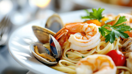 A vibrant plate of seafood pasta featuring shrimp and clams, garnished with fresh parsley. Perfect for showcasing culinary artistry and delicious cuisine.の素材