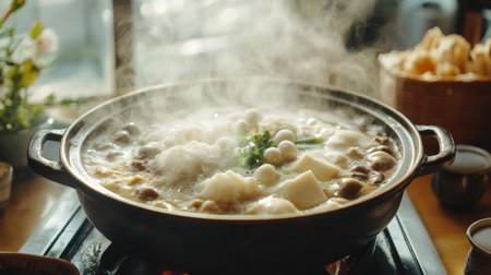 A steaming hot pot brimming with fresh vegetables, mushrooms, and tofu, served on a gas stove. Perfect for a warm and cozy meal experience.の素材