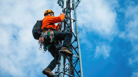 A technician wearing safety gear climbs a communication tower against a blue sky, performing maintenance tasks high above the ground, emphasizing safety and skill.の素材