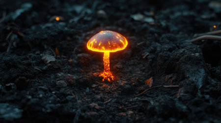 A captivating glowing mushroom emerges from dark soil, radiating enchanting light. This surreal nature scene captures the magical beauty of fungi in a tranquil forest environment.の素材