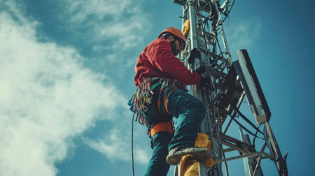 A skilled technician climbs a communication tower, demonstrating safety and professionalism with harness gear. The blue sky contrasts with the tower's structure.の素材