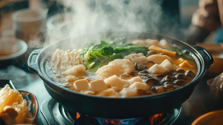 A vibrant hot pot filled with fresh ingredients and steam, showcasing a variety of vegetables and mushrooms simmering in flavorful broth, perfect for communal dining.の素材