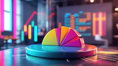 This vibrant 3D pie chart showcases financial data analysis in a modern office setting, reflecting creativity and innovation in business strategy and planning.の素材