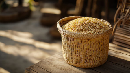 A rustic basket filled with golden wheat grains rests on a wooden table, showcasing the organic essence of agriculture and rural life. Perfect for food-related themes.の素材
