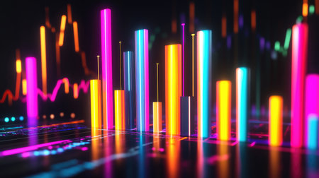 Explore a dynamic and vibrant data visualization featuring colorful neon bars and glowing graphs, perfect for illustrating modern analytics and technology concepts.の素材