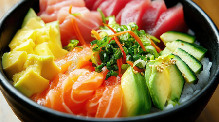 A vibrant sushi bowl featuring fresh salmon, tuna, avocado, and crisp vegetables over rice. Perfectly designed for gourmet dining and healthy meals.の素材