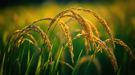 A close-up view of golden rice ears swaying gently in a lush green field, illuminated by soft evening light, showcasing agricultural beauty and vitality.の素材
