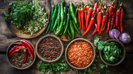 A stunning array of fresh vegetables and spices displayed on a rustic wooden table. This vibrant composition includes various herbs and colorful peppers, perfect for culinary inspiration.の素材