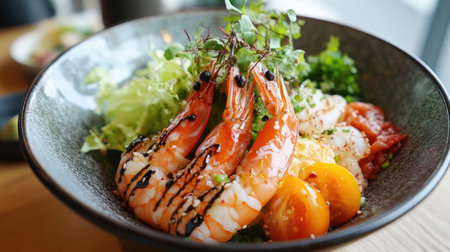 A beautifully arranged bowl featuring fresh shrimp, colorful vegetables, and greens, perfect for showcasing healthy gourmet cuisine in a dining setting.の素材