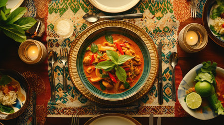 A vibrant and colorful Thai curry dish elegantly presented on a rustic table setting. The dish features fresh herbs and spices, perfect for sharing.の素材