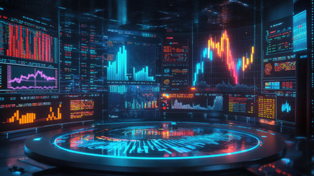 A high-tech environment showcasing futuristic data visualization, featuring dynamic graphs and statistics related to finance, trading, and market analysis.の素材