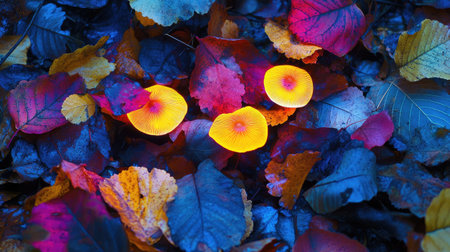 Brightly glowing mushrooms emerge from a bed of colorful autumn leaves, creating a vibrant and enchanting forest scene perfect for nature lovers.の素材