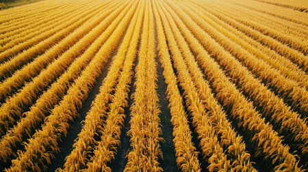 A stunning aerial view of golden rice fields illuminated by sunlight. The vibrant rows create a beautiful pattern, showcasing the essence of rural agriculture.の素材
