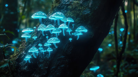 A captivating scene of luminous mushrooms glowing in a serene forest. This enchanting display of nature's beauty highlights the magical and mysterious aspects of the woodland.の素材