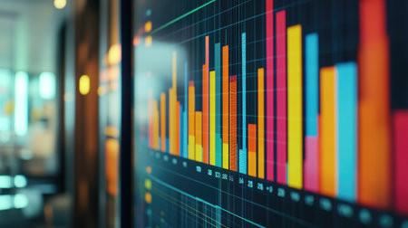 A vibrant data visualization of financial metrics displayed on a modern screen, showcasing colorful graphs and charts within a corporate workspace.の素材