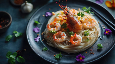 A beautifully arranged plate of noodles topped with fresh shrimp, herbs, and edible flowers, highlighting gourmet presentation and vibrant colors.の素材