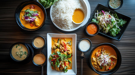 A beautifully arranged spread of Indian cuisine featuring vibrant curries, rice, and fresh salad. Perfect for showcasing rich flavors and variety.の素材