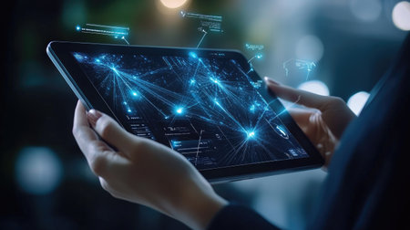 A user interacts with a digital tablet displaying advanced data visualization. The sleek interface showcases network connections and analytics in a modern workspace.の素材