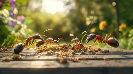 A captivating scene of ants busy gathering food in a vibrant garden. The close-up highlights their teamwork and natural behaviors under soft sunlight.の素材