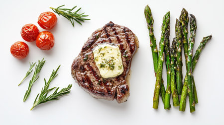 A beautifully styled plate featuring grilled steak topped with herb butter, accompanied by asparagus and colorful cherry tomatoes. Perfect for food enthusiasts.の素材