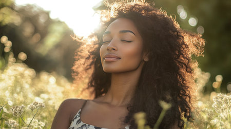 A serene woman enjoying nature's beauty, basking in sunlight. Her peaceful expression radiates tranquility, capturing a moment of self-care and joy.の素材