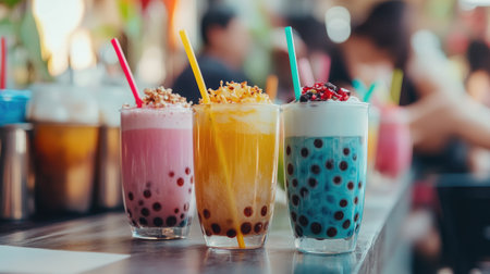 Discover a vibrant assortment of refreshing drinks served in stylish glasses. Perfect for summer parties or casual gatherings, these colorful beverages entice with their playful toppings.の素材