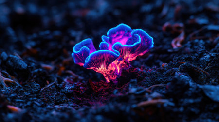 A captivating image of glowing mushrooms emerging from dark soil, showcasing vibrant colors and a surreal atmosphere in a tranquil forest setting.の素材