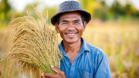 A joyful farmer proudly holds a bundle of fresh rice in a vibrant golden field, showcasing traditional agricultural practices and rural life.の素材