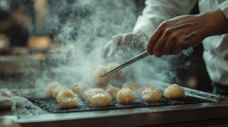 A skilled chef expertly grills fresh delicacies, surrounded by fragrant smoke in a vibrant kitchen. The artistry of cooking is visually captured in this dynamic culinary scene.の素材