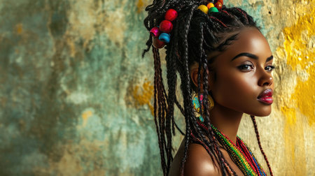 A striking portrait of a woman showcasing colorful braids, adorned with vibrant accessories, highlighting beauty and cultural expression against a textured backdrop.の素材