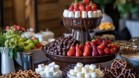 A sumptuous chocolate fountain surrounded by fresh strawberries, marshmallows, and pretzels, perfect for events, parties, and celebrations of all kinds.の素材