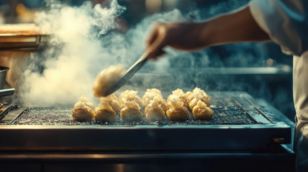 A chef skillfully prepares dumplings on a hot grill, steam rising in a vibrant kitchen. The scene captures the essence of culinary tradition and delicious food.の素材