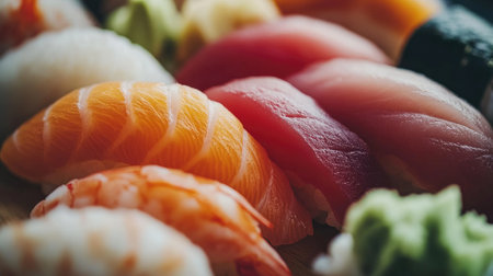 A vibrant assortment of fresh sushi arranged beautifully on a wooden platter, showcasing the artistry of Japanese cuisine. Perfect for culinary visuals.の素材