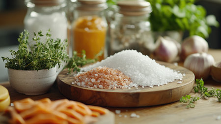 A wooden board showcases various cooking ingredients, including salt, herbs, and garlic. Fresh and vibrant, ideal for culinary enthusiasts and healthy cooking.の素材