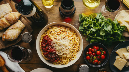 A beautiful overhead view of a delicious pasta meal with fresh ingredients including tomatoes, basil, and cheese, perfect for an Italian dining experience.の素材