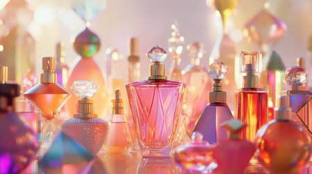 A vibrant display of elegant perfume bottles in various shapes and colors, reflecting light and showcasing beauty and luxury for any aesthetic-focused project.の素材