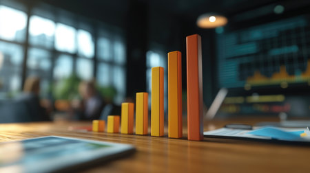 A vibrant bar graph displayed on a wooden desk in a contemporary office setting, depicting data analysis and business growth trends amidst a professional atmosphere.の素材