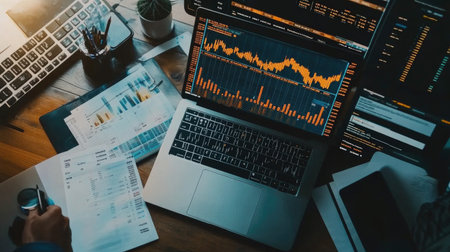 A modern trading desk setup featuring a laptop displaying financial data, charts, and reports, illustrating the essence of analysis and investment strategies.の素材