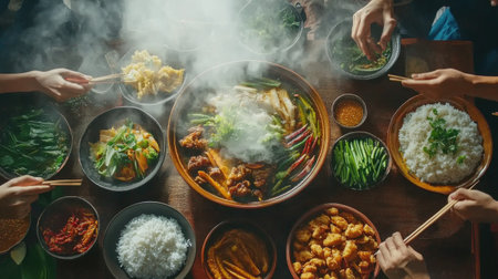 A vibrant and appetizing Asian meal featuring steaming hot dishes, assorted vegetables, and savory meats shared among friends at a communal table.の素材