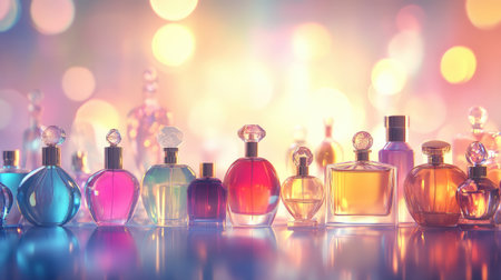 A stunning display of colorful perfume bottles reflecting light, showcasing elegance and beauty. Ideal for projects related to fragrance, fashion, or lifestyle.の素材