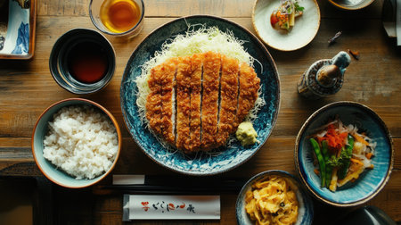 A beautifully arranged Japanese meal featuring crispy tonkatsu served with fluffy rice, garnished with fresh cabbage and a variety of colorful side dishes.の素材